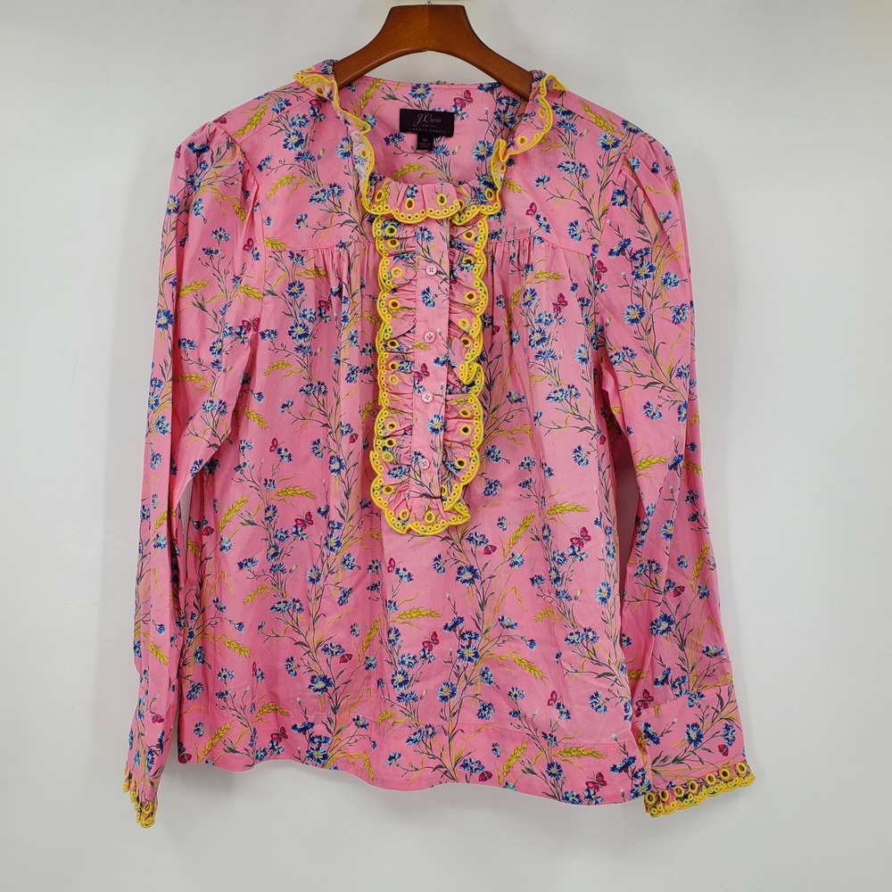 J. Crew Cotton Poplin Ruffle Blouse In Liberty Wheat Bouquet Floral Print Preppy